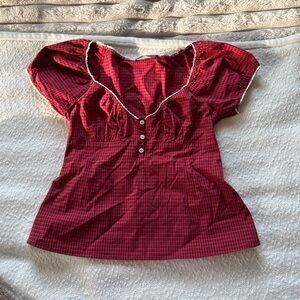 Brandy Melville Red Checked Puff-Sleeve Button Front Top
